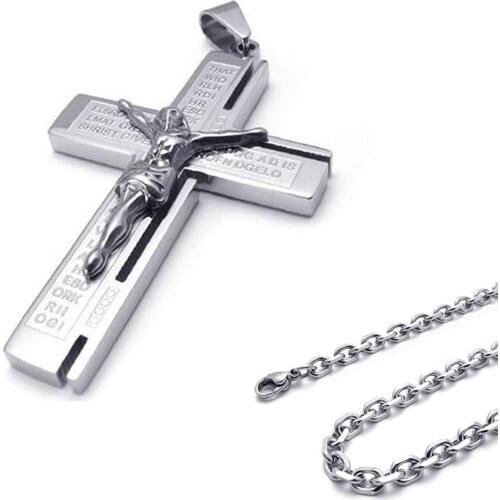 Jewelry Stainless Steel Jesus Crucifix Bible Prayer Cross Pendant with 70cm Necklace, Necklace for men, Silver