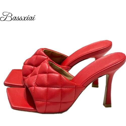 Sewing Real Leather Runway Mules For Girls Lady Sexy High High Heel Square Toe Slingbacks Multicolor Summer Sandals Women