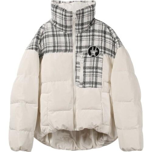 Winter 2021 new down jacket fashion casual black and white tweed stitching plaid long-sleeved short jacket women