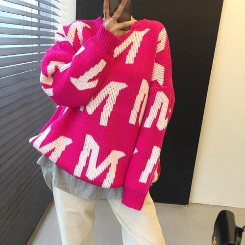Japanese Korean Womens Loose Knit Sweater Autumn Fashion Letter Printing Simple Long Sleeve Large Size Casual Pullover Sweater