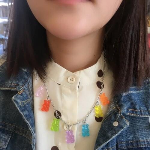 Cute Girls 7 Colors Tiny Cartoon Bear Choker Necklace For Women Candy Color Bears Pendant Necklace Female Jewelry Party Gift