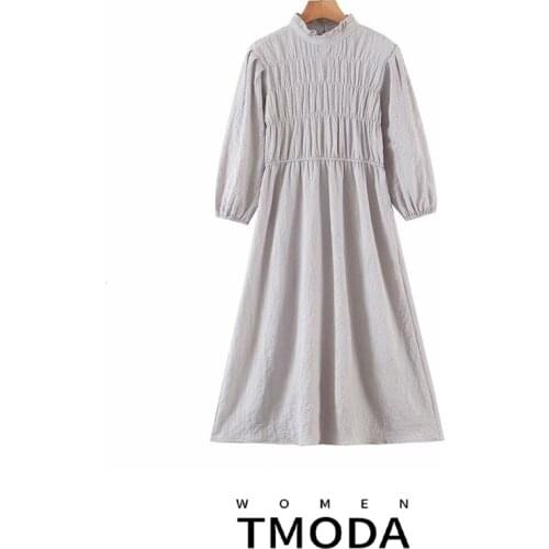 2021 Summer Women Solid Casual Dress 3/4 Sleeve O Neck Pleated High waist Female Elegant Vintage Street Dresses Vestidos Clothes