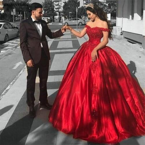 Vestidos De Gala Elegant Long Red Off The Shoulder Wedding Dresses 2021 Appliques Beaded Ball Gowns Reflective Dress