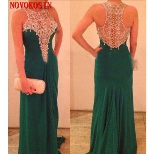 2019 Sheer Robe De Soiree Scoop Sleeveless Chiffon Evening Dress Top Beading Crystal Mermaid Sweep Train Bridal Evening Gown