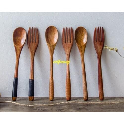 20sets/lot Free shipping 18*3cm Wooden Spoon + wood Fork Kitchen Cooking Utensil Tool Soup Teaspoon Catering Tools