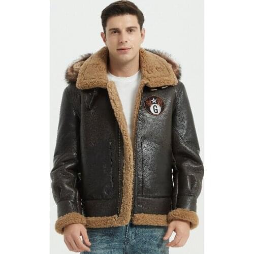 B3 Flight Suit Real Sheepskin Leather Coat Raccoon Fur Hooded Vintage Genuine Leather Mens Sherling Jacket Large Size 6XL