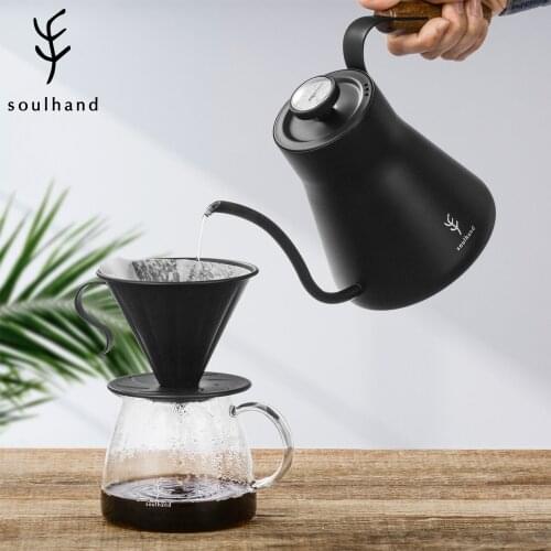 Gooseneck Pour Over Coffee Kettle with Thermometer Stainless Steel Coffee Pot Kettle Drip Kettle Wood Handle For Home Offic 1.2L