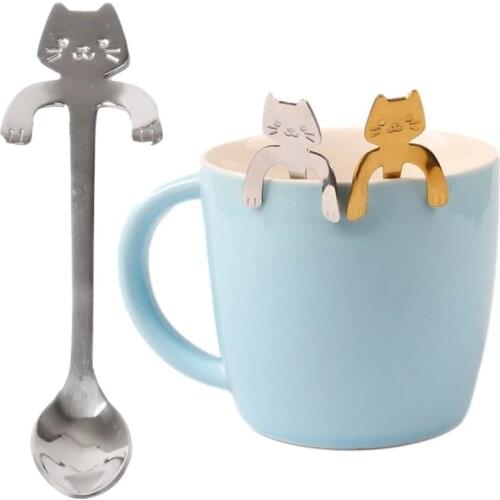 Hot Sale New Coffee Spoon Mini 304 Stainless Steel Cartoon Cat Spoon Long Handle Flatware Coffee Drinking Tools Kitchen Gadget
