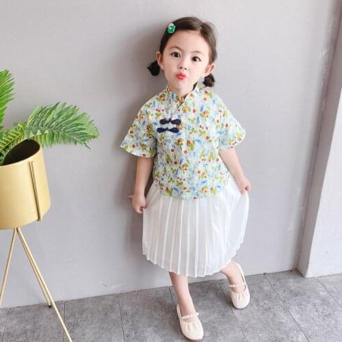 Chinese Style Children Girls Print Clothing Sets New Arrival Summer Cotton Short Sleeve Tops+White Pleated Skirts Outfits 2-7Yrs