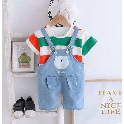 Spring Children Boys Girls Suit Baby rainbow T shirt Cartoon Bear denim Bib Pants 2pcs/Set Kids Clothing Toddler Tracksuits set