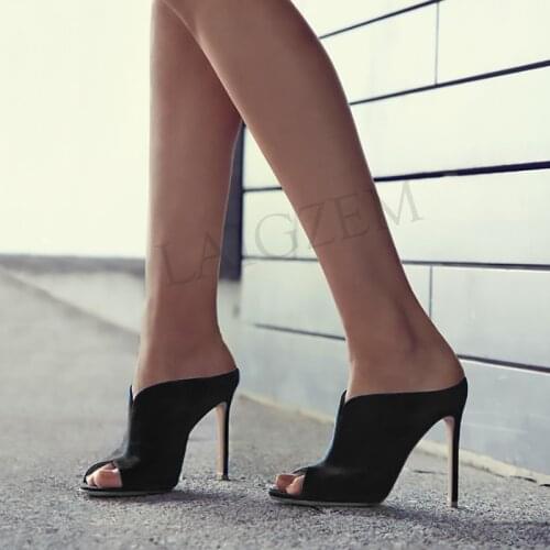 LAIGZEM Women Slip on Sandals Stiletto Heels Summer Party Mules Slides Basic Sandalia Shoes Ladies Woman Large Size 47 50 52