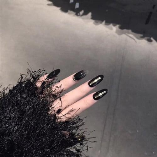 American punk style New gradual black pure color with Karat gold decoration 3d fake nails lady full nail tips 24pcs false nails