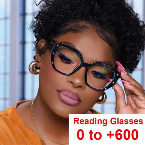 Oversized Square Anti Blue Light Reading Glasses Women Eyeglasses Frame Rivet Vintage Presbyopia Glasses Plus +1.0 1.5 2.5 to 6