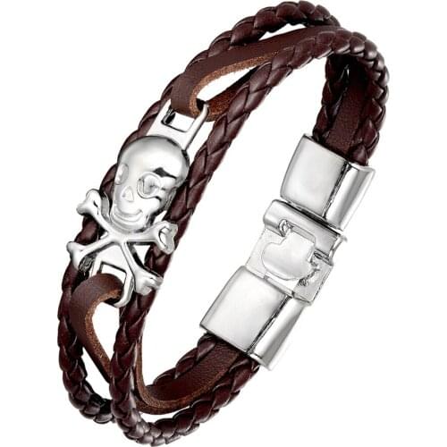 2020 New Punk Skull Bracelets Top Quality Leather Bracelets & Bangles Hand Made Skeleton Charm For Women Men Jewelry Pulseira