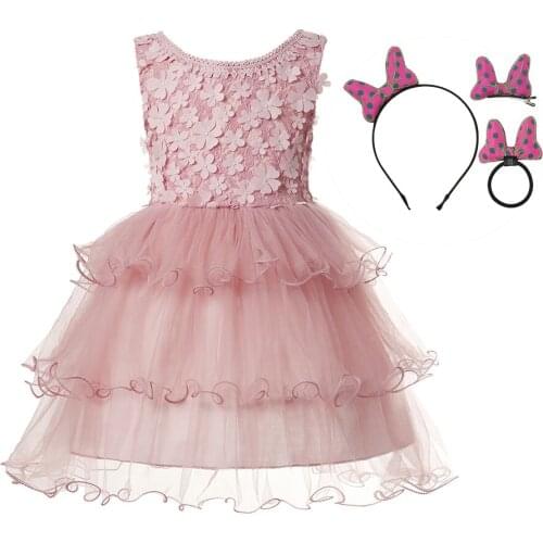 New Summer Toddler Girls Lace Cake Dress Kids Sleeveless Floral Mesh Wedding Dresses Children Clothing with Bag Hair Accessory