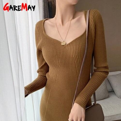 2021 Autumn Winter Dress Elegant Vintage Thick Beige Slim Warm Women Knitted Dress Square Collar Knit Chic Bodycon Sweater Dress