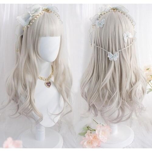 Light Grey Lolita Wig Harajuku Fairy Cosplay Bangs Gray Curly Wavy Long Sweet Fringe Adult Girls Hair