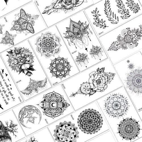 Sexy Black Henna Mandala Temporary Tattoos For Women Girls Waterproof Fake Lace Lotus Tattoo Sticker India Flower Mandara Tatoo