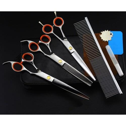 4 kits Professional 440c pet 7 inch shears cutting hair scissors set dog grooming clipper thinning barber hairdressing scissors