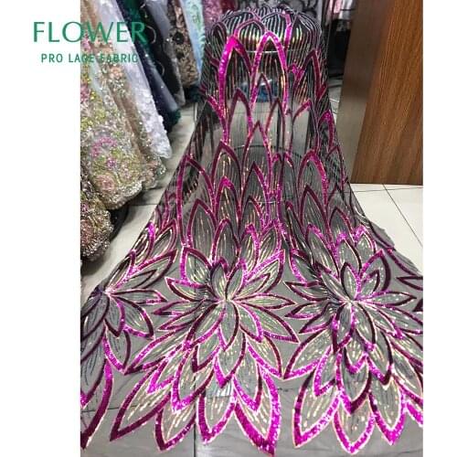 Rose Red Sequins Mesh Tulle Lace Fabrics High Quality African Nigerian Prom Wedding Dresses Sewing Laces Sequins Material Fabric