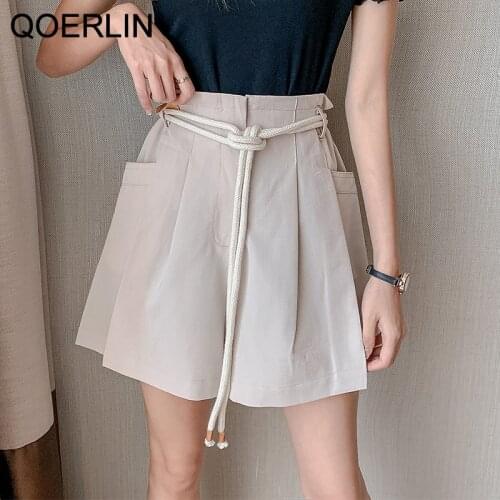 QOERLIN Sweet Bub Shorts Students Pocket Sashes Summer New Loose Bud Wide Leg Shorts Women High Waist Straps Casual Shorts Girly