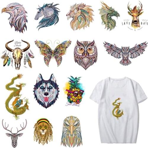 Colorful Animals Iron on Heat Transfer Patches for Kids Clothing DIY Stripes Dragon Applique T-shirt Custom Stickers Appliques