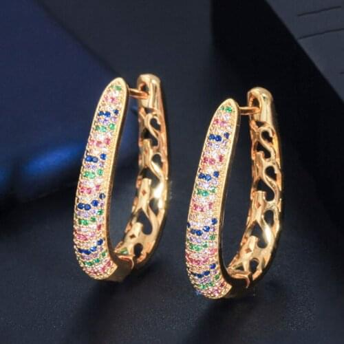 Threegraces Luxury Cubic Zircon Stone Yellow Gold Color Big Round Hoop Earrings Jewelry for Women Wedding Banquet Party E0310