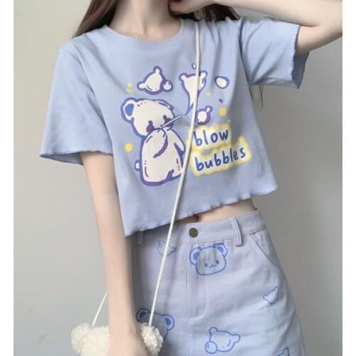 Deeptown Kawaii Bear Print Cropped Top Anime Graphic Tees Women 2021 Cartoon Japanese Style Summer Soft Girl Cute T-shirts Kpop