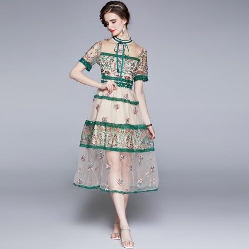 Vintage Mesh Green Birthday Dress Women Mid-Calf Chiffon Cartoon Lace Long Dresses Women Party Wedding 2021 Clothes See Through