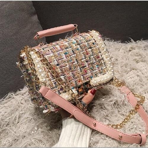 2021Fashion New Female Square Tote Bag Quality Woolen Pearl Womens Designer Handbag Ladies Chain Shoulder Crossbody Bag Travel