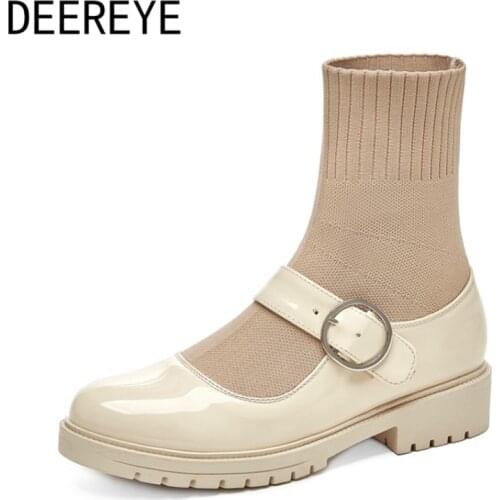 Women Patent Leather Sock Boots Stretch Buckle Knitting Mary Jane Platform Low Heel School Loafers Shoes Zapatos De Hombre 44