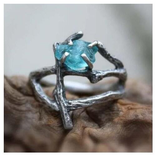 2021 Retro Handmade Twig Silver Plated Geometry Rings for Women Blue Stone Ring Bohemian Charm Women Wedding Engagement Jewelry