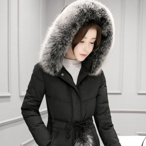 Autumn Winter Hooded Fur Collar Outerwear Large Size 2XL Warm Slim Long Padded Down Coat Feamle Women