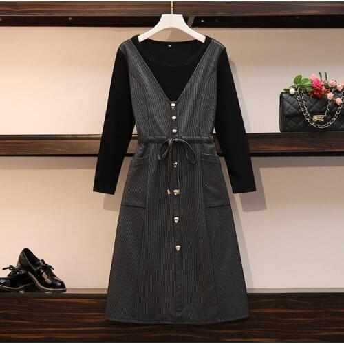 M-5XL plus size women vintage Patchwork Stripe dresses vestido 2021 autumn winter long Sleeve o neck button Fake two dress