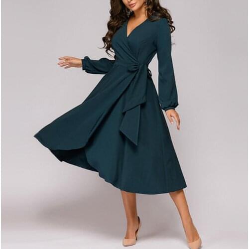Women Summer Vintage Party Dress Chic Women Solid Color V Neck Long Sleeve Waist Tight Large Swing Midi Dress Casual Dress 2021