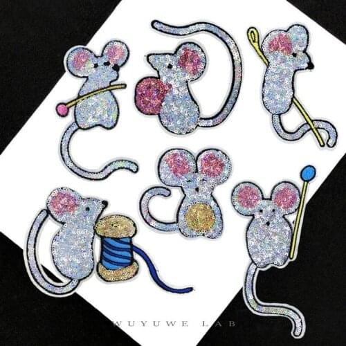 4pcs/lot Cute Pink Grey Small Mouse Sequins Iron on Patches for Clothing Applique Cartoon Style for Kids Clothes Badge DIY Patch