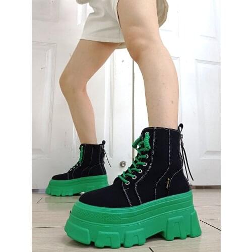 Brand Design Female Motorcycle Boots Canvas Square Heel Lace-Up Platform Chunky Sneaker Ankle Boots Cool Woman Fashion shoes