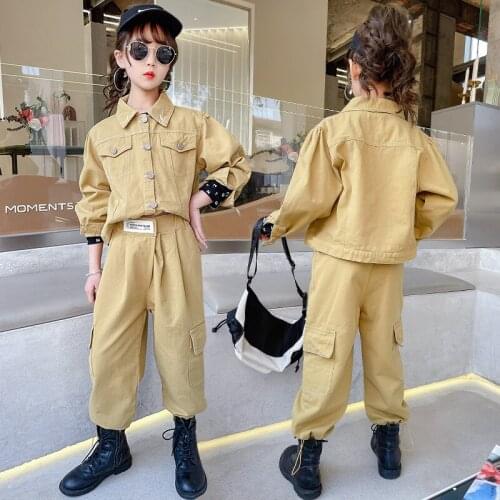 Girls Cargo Pants Two Pieces Sets Autumn Khaki Washed Denim Suit for Teenage Fashion Casual Kids Tracksuit Childrens Costume