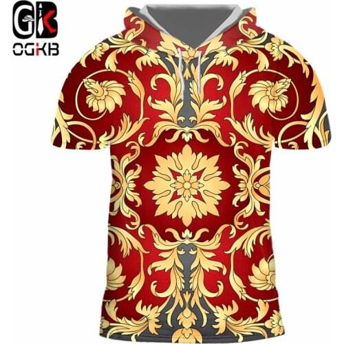 OGKB Shirt New Summer Hooded T-shirt 3D Digital Printing T-shirt Men And Women Retro Luxury Royal Floral Gold Flower T-shirt