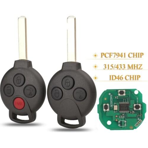 Kutery 3/4 Buttons Replacement Remote Car Key Fob315/433Mhz For Mercedes-Benz Smart Fortwo 451