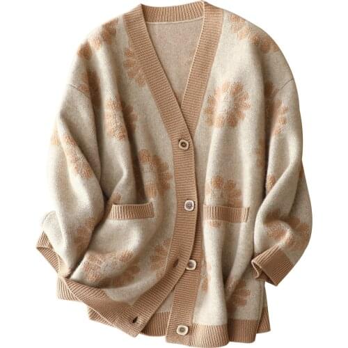 100% Cashmere Cardigans Women Floral Vintage Single Breasted V-Neck Warm Women Winter Sweater Clothes Knitted Cardigan