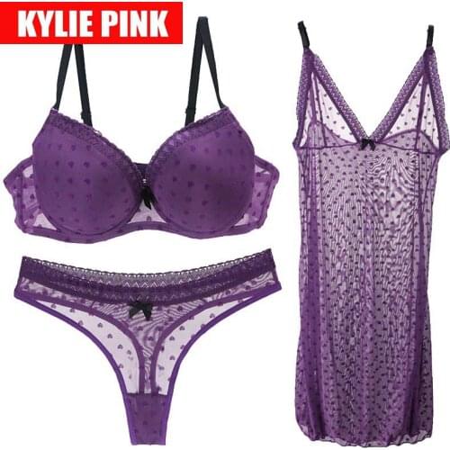 KYLIE PINK Brand 3 Piece Sets Sexy Bra Pants Set Lingerie Girls Sleepwear Lace Transparent Strap Nightdress Bras Underwear Sets