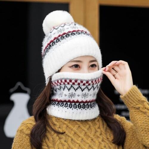 New 2020 Autumn Winter Women Knitt Hats Scarf Thick Warm Skullies Beanies Female Bonnet Caps Outdoor Hat and Ring Collar 2PC Set