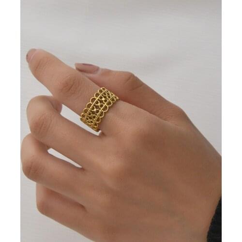 Acheerup New Simple Stainless Steel Open Ring For Women 14k Gold Hollow Flower Elegant Lattice Rings Birthday Jewelry Gifts