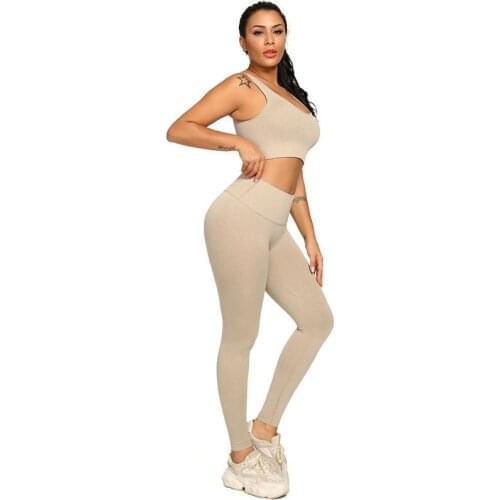 New Knitted Rib Quick Drying Seamless Yoga Suit Womens Padded Push Up Sports Bra Fitness Breathable Soft Leggings 2 Pices Set