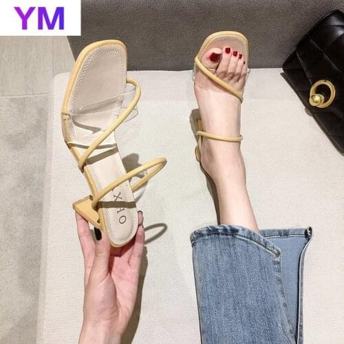 Sexy 2021 New Women PVC Summer Flip Flops Fashion Square Toe Laies Heel Mules Sexy Square High Heels Women Sandals Zapato Mujer