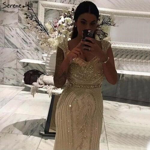 Sexy Off Shouler Diamond Gold Nude Mermaid Evening Dresses Sparkly Evening Gown 2020 Real Photo LA6110 dress party