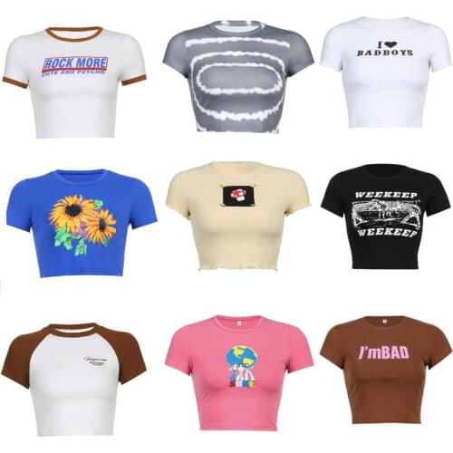 2021 Y2K Top Womens Casual Short Tee Shirts Femme Cotton Crew Neck Crop Top Women Summer Streetwear Basic 90s Top Cuteandpsycho