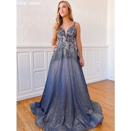 2020 New Evening Dress Sexy V-neck Applique Beading Backless Spaghetti Strap Sweep Train Sequin Tulle Prom Dress فساتين السهرة