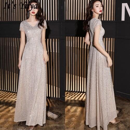 Its YiiYa Evening Dress V-Neck Short Sleeve Sequined A-Line Evening Dress 2020 Floor-Length Plus Size Robe De Soiree K154